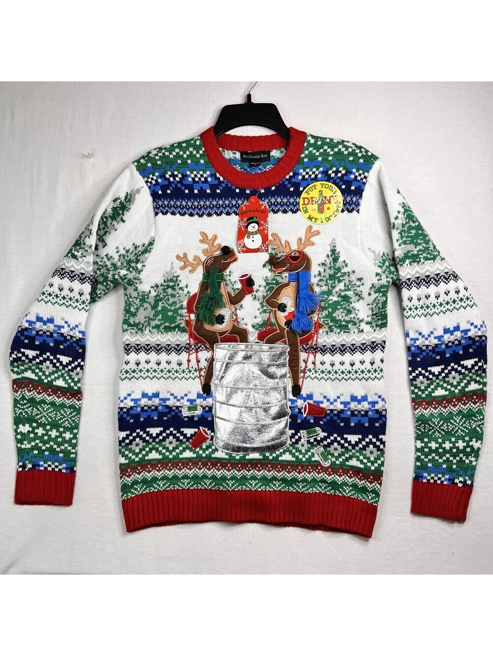 Blizzard Bay Sweater Pullover Ugly Christmas Reindeer Beer Pocket NWT -Sz S